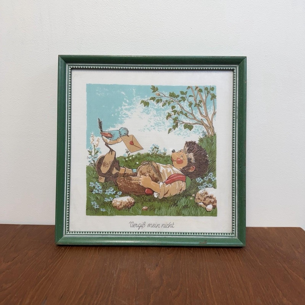 Vintage Framed MECKI HEDGEHOG Linen Handkerchief Hanky Forget Me Not 12x12